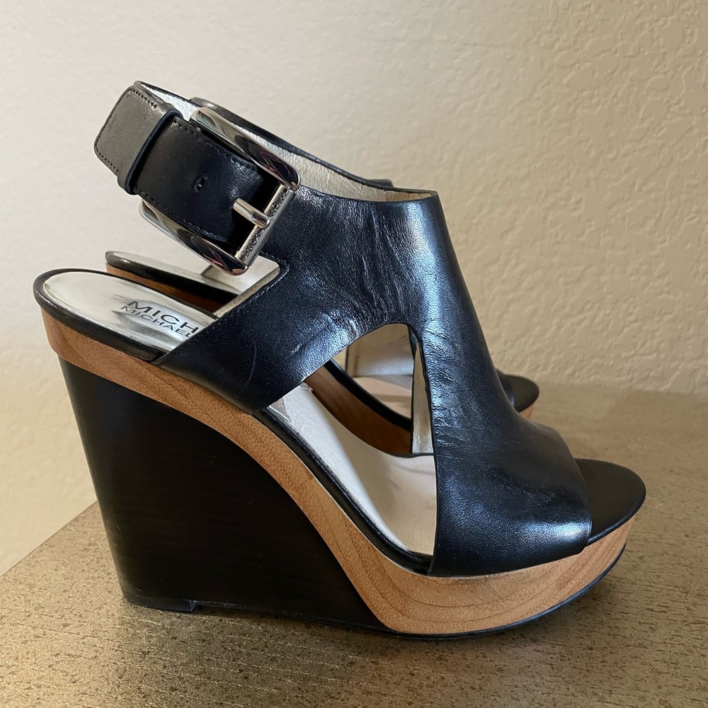 Black Michael Kors Leather Slingback Wedge Sandal
